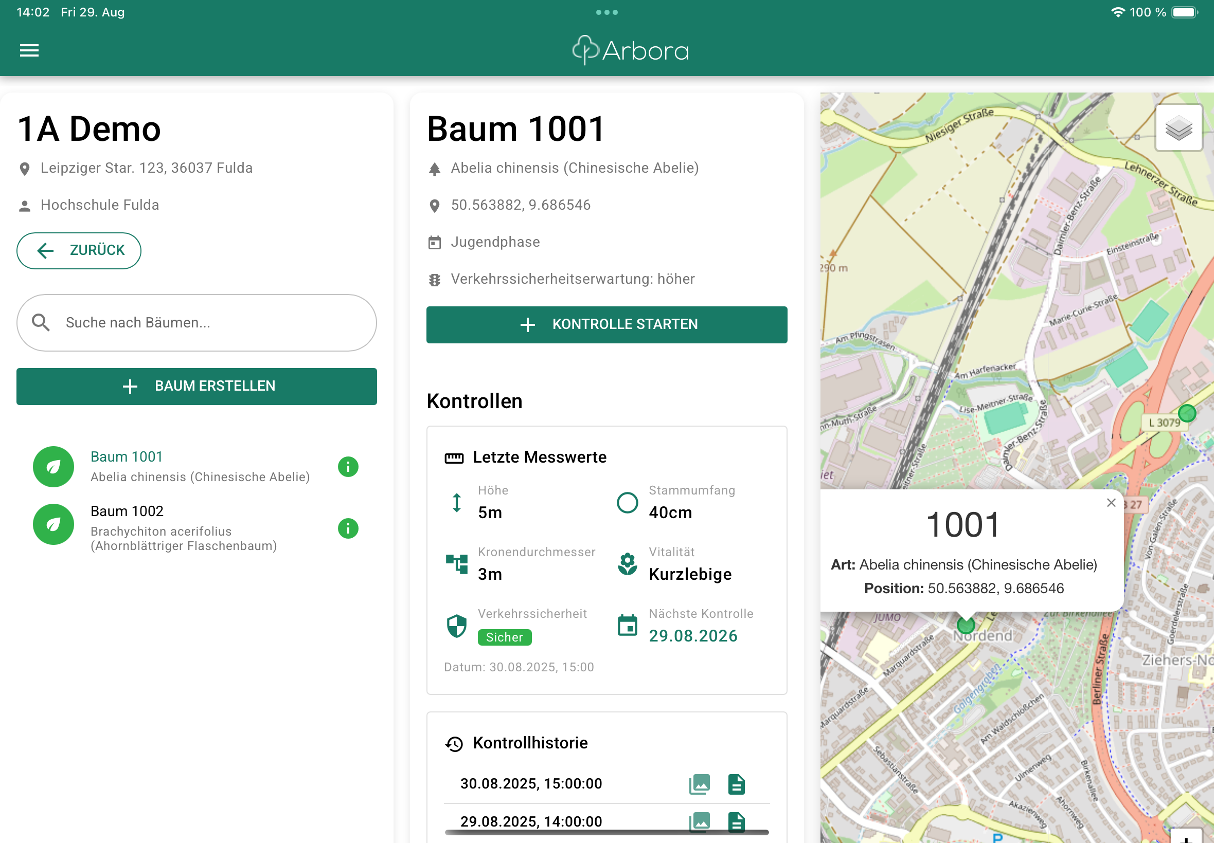 Arbora.app Kartenansicht – Baumdaten auf interaktiver Karte erfassen